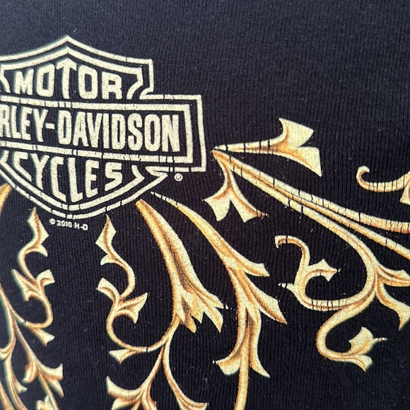 Harley Davidson, sz M womens BLACK long sleeve tee shirt, graphics on front/arms - Picture 5 of 8